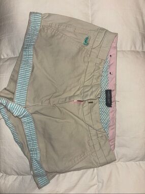 Southern Marsh Khaki Chino Shorts with Teal Logo and Striped Seersucker Trim
